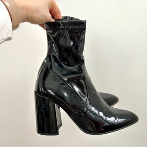 Steve Madden Multiply Black Patent Leather Ankle Boots Block Heel Pointed Toe